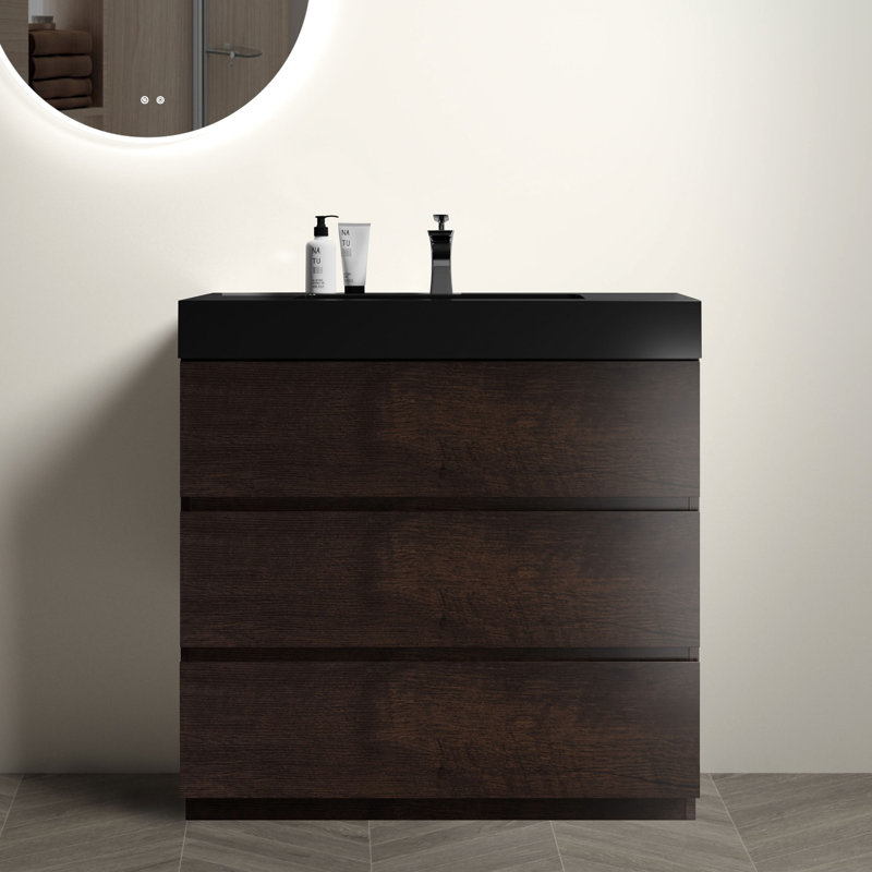 Armoire de salle de bain 36 po en noyer - Lavabo inclus, meuble-lavabo élégant en noyer, glissières silencieuses, Noyer, 36"