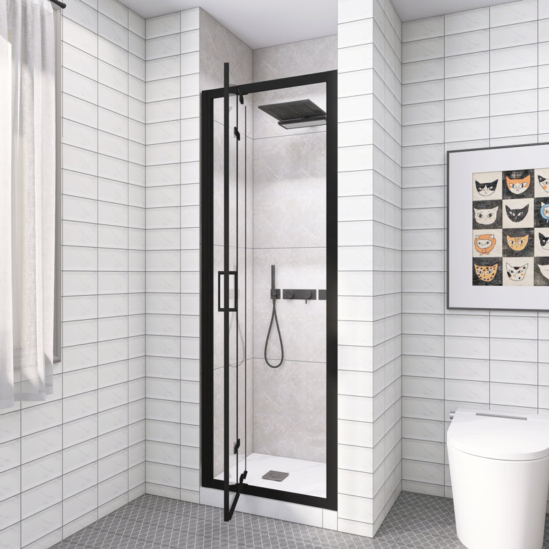 Porte de douche pivotante noire pliante 26 po x 72 po, verre trempé transparent 1/4 po, enceinte pliante peu encombrante avec poignée en acier inoxydable, installation réversible