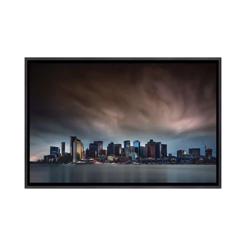 « Boston Skyline » par Miki Joven-reproduction de photo, Toile avec cadre noir patiné, Pas de tapis