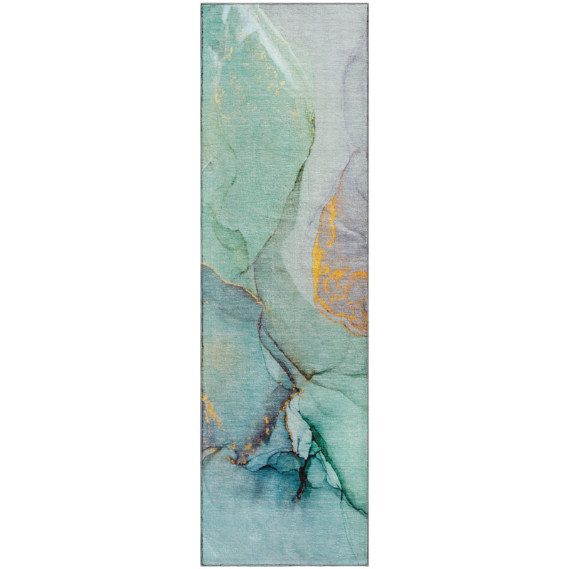Premium Machine Washable Cerrito AMF506 Teal Rug, Runner 2'3" x 7'6"