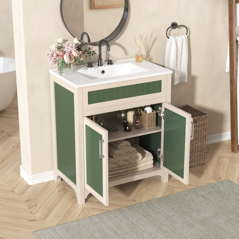 30'' Bathroom Vanity Cabinet With Ceramic Sink Combo Set, Solid Wood Frame Modern Bathroom Storage Cabinet With Height Adjustable Shelf