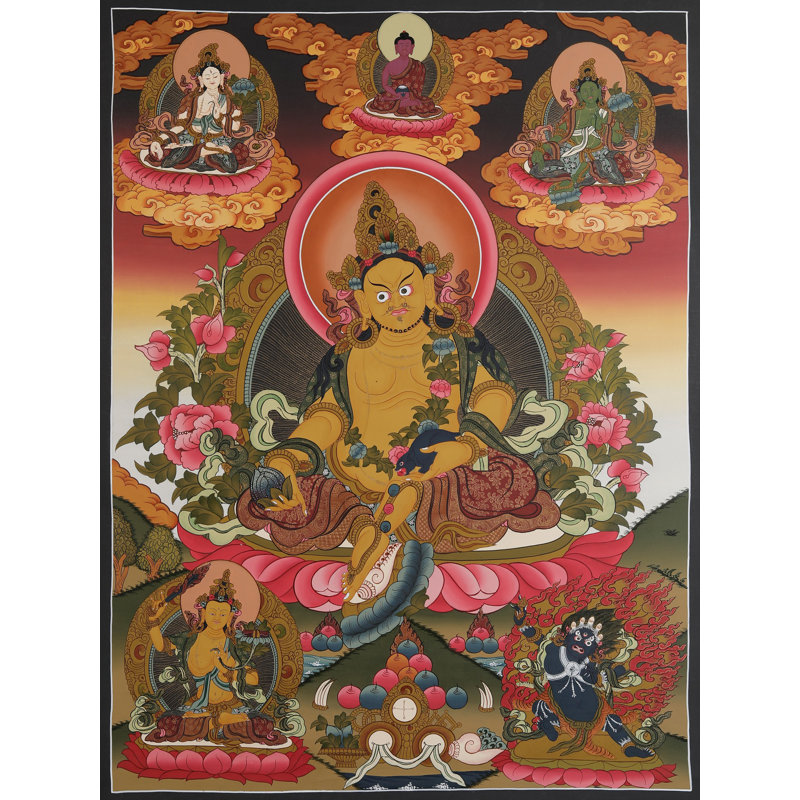 «Kubera Wealth God», art mural | Toile bouddhiste peinte à la main Prosperity | Décoration de méditation traditionnelle tibétaine spirituelle avec or 24 carats pour le bureau