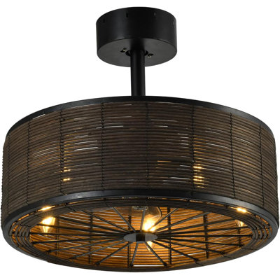 21" Boho Rattan Ceiling Fans With Lights,Flush Mount Caged Ceiling Fan With Remote Indoor,6 Speed, Timing, APP Remote Control,Includes 5 LED Bulbs For Bedroom,Kitchen,Living Room,Farmhouse