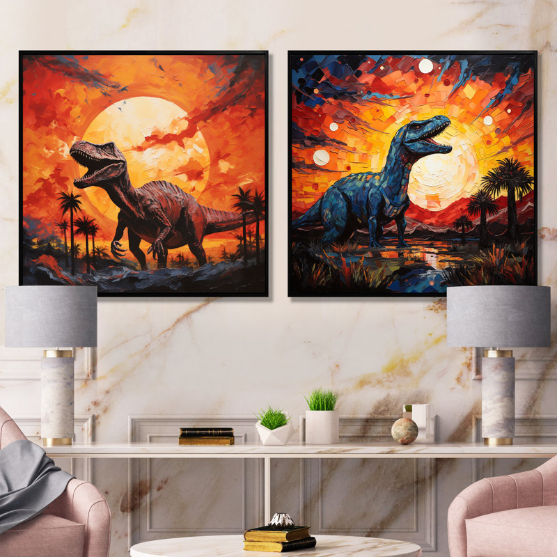 Rouge et jaune, dinosaure coucher de soleil I - ensemble de 2 reproductions d'art sur toile, Cadre flottant noir