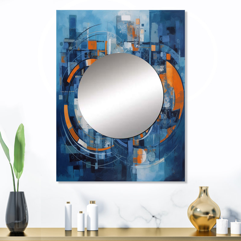 Liebhard orange et bleu géométrique équilibre II - miroir décoratif géométrique, miroir mural bleu, impression d'art en métal