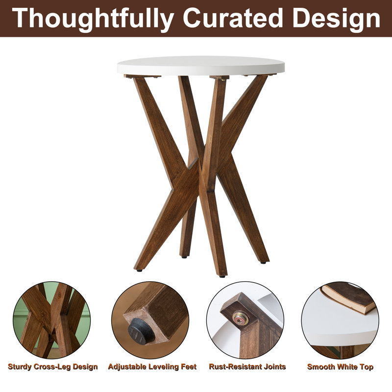 Jahey Solid Wood Crossed Legs Round End Table with Smooth Top and Sturdy Four-Leg Base, White Top/Walnut Brown Base