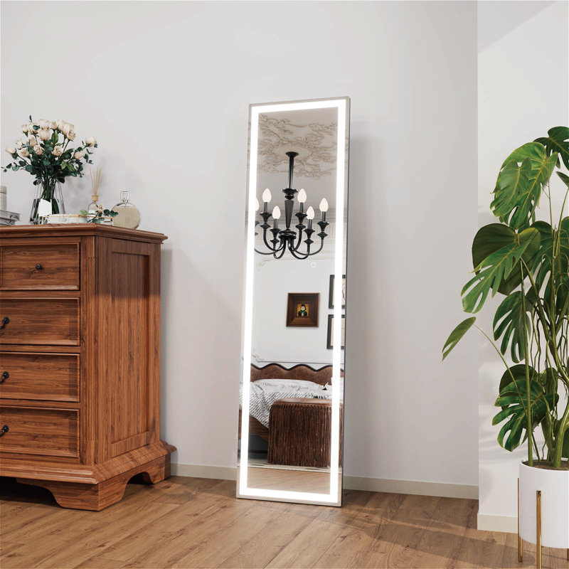  LED Lighted Full Length Mirror With Metal Stand, Contemporary Floor Mirror With Tempered Glass, 60" x 16" 