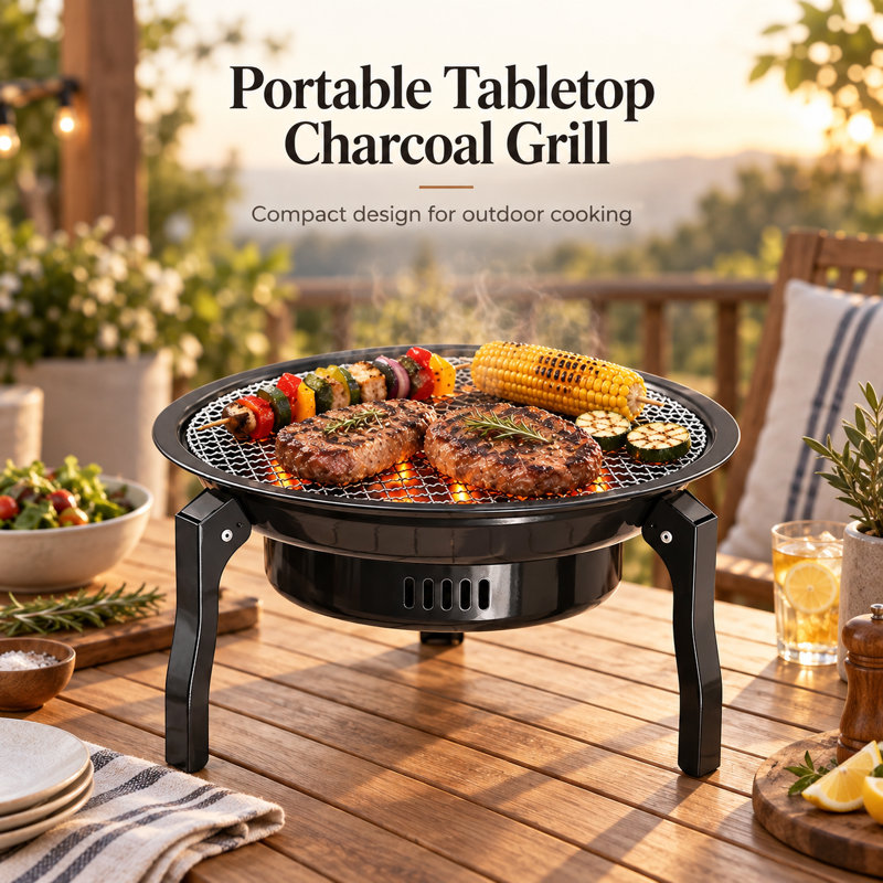 Barbecue au charbon de table pliable et portable avec grille de cuisson en acier inoxydable, noir