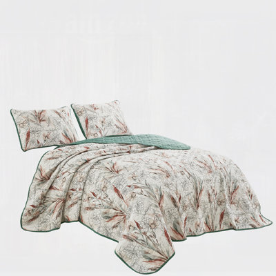 3 Piece Reversible Neutral Floral Red Green Accents Microfiber Bedspread Set,King
