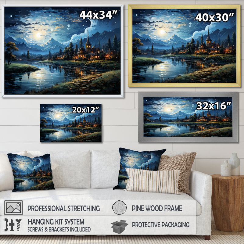 Masterpiece The Starry Night By Vincent - Landscapes Wall Art Living Room, Cadre naturel flottant, H 24 po x l 32 po