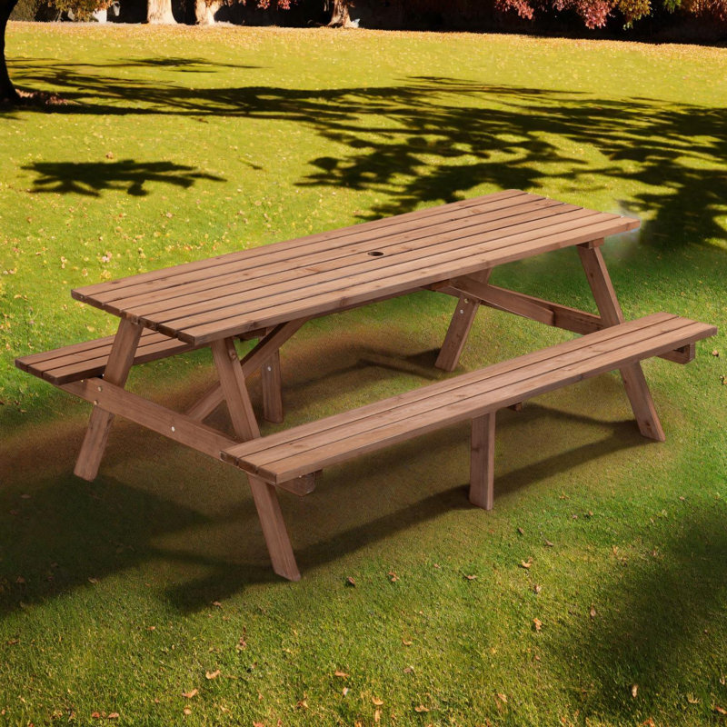 8-Person Wooden Picnic Table with Built-In Benches and Umbrella Hole, Brown