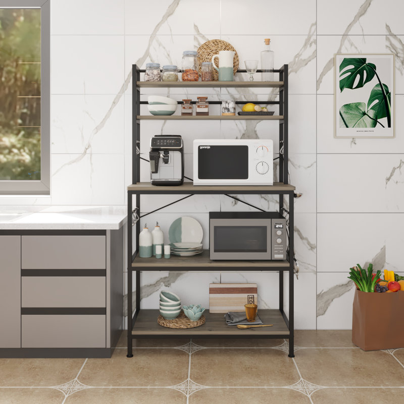 Washed Gray Industrial Metal and Wood Baker's Rack with Hooks