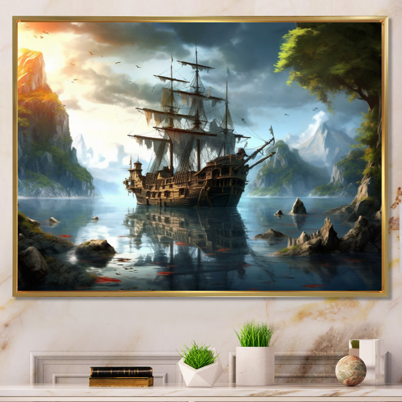 Bateau pirate en mer - art mural pirate, H 24 po x l 32 po x P 1 po, Cadre flottant doré