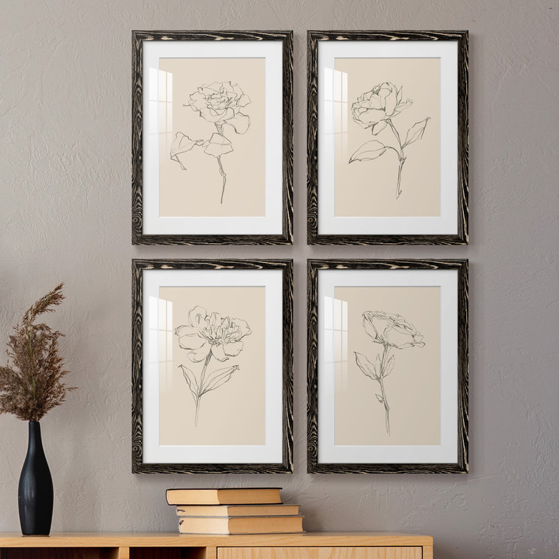 Floral Contour Study I - Ensemble de 4 cadres photo, Cadre noir, H 31,5 po x l 47 po x P 1,5 po