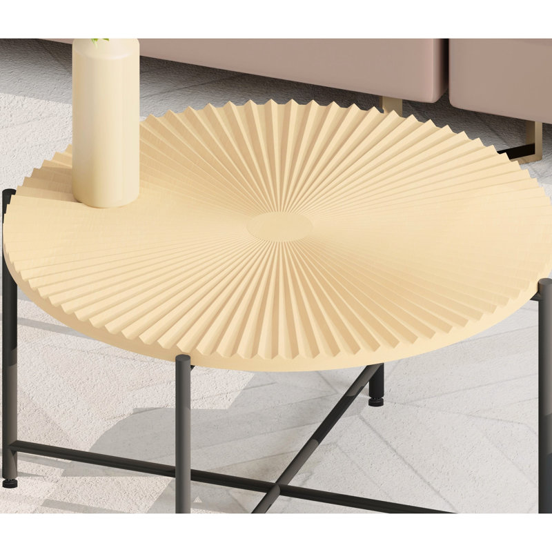 Table basse et table de bout Radial Revêtement imperméable. Conception cylindrique vieillie. Pieds en métal. Charme rustique. Ou en bois technique. Tables de 31,4 po x H 18,9 po et P 18,9 po x H 23,6 po.