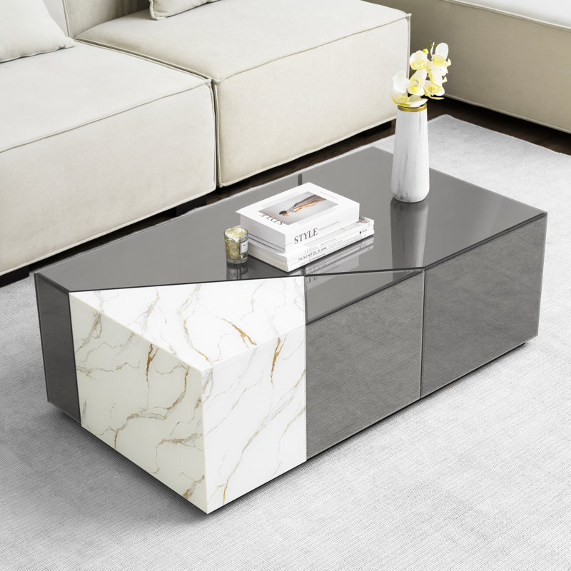 Benley 39.37''W Mirrored Modern Block Coffee Table, Gray/White