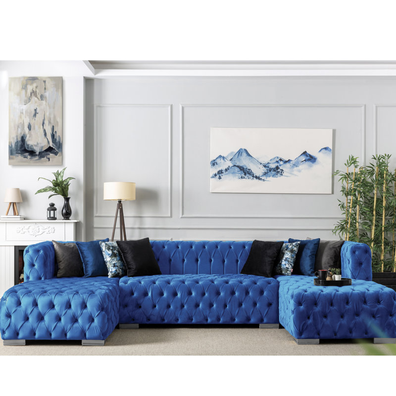 Canapé et méridienne Verble, Velours bleu marine, Gris