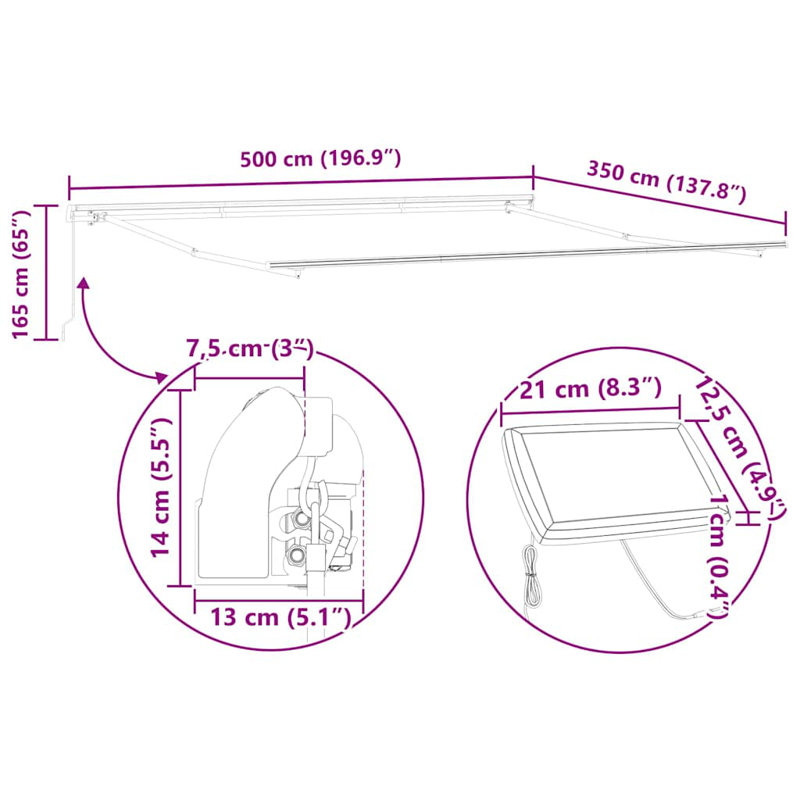 Retractable Awning, 500 cm W x 350 cm D, Brown