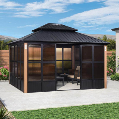 PURPLE LEAF 12' W x 14' D Patio Hardtop Gazebo Double Top Outdoor Screen House Aluminum Solarium Backyard Sun Room