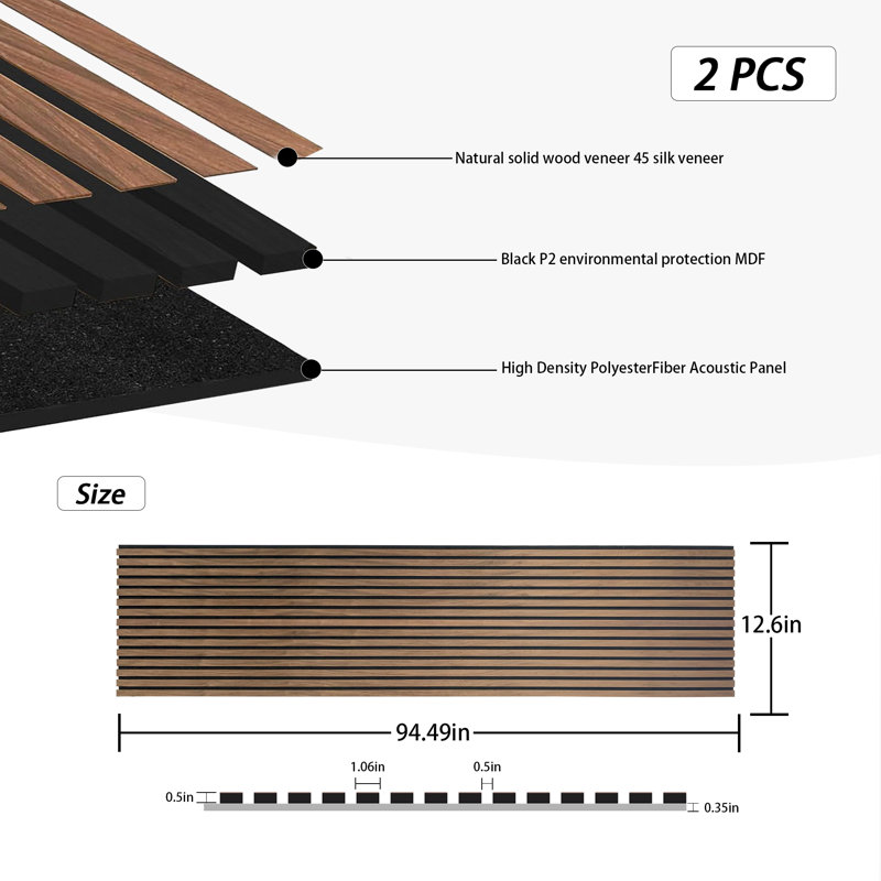 Walnut 3D Textured Acoustic Wood Slat Wall Panels, 94.5 x 12.6 Inch, 2 Pack