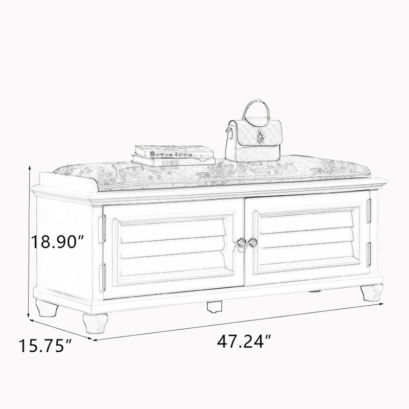 Banc rembourré bleu en bois massif, H 18,9 po x l 47,24 po x P 15,75 po