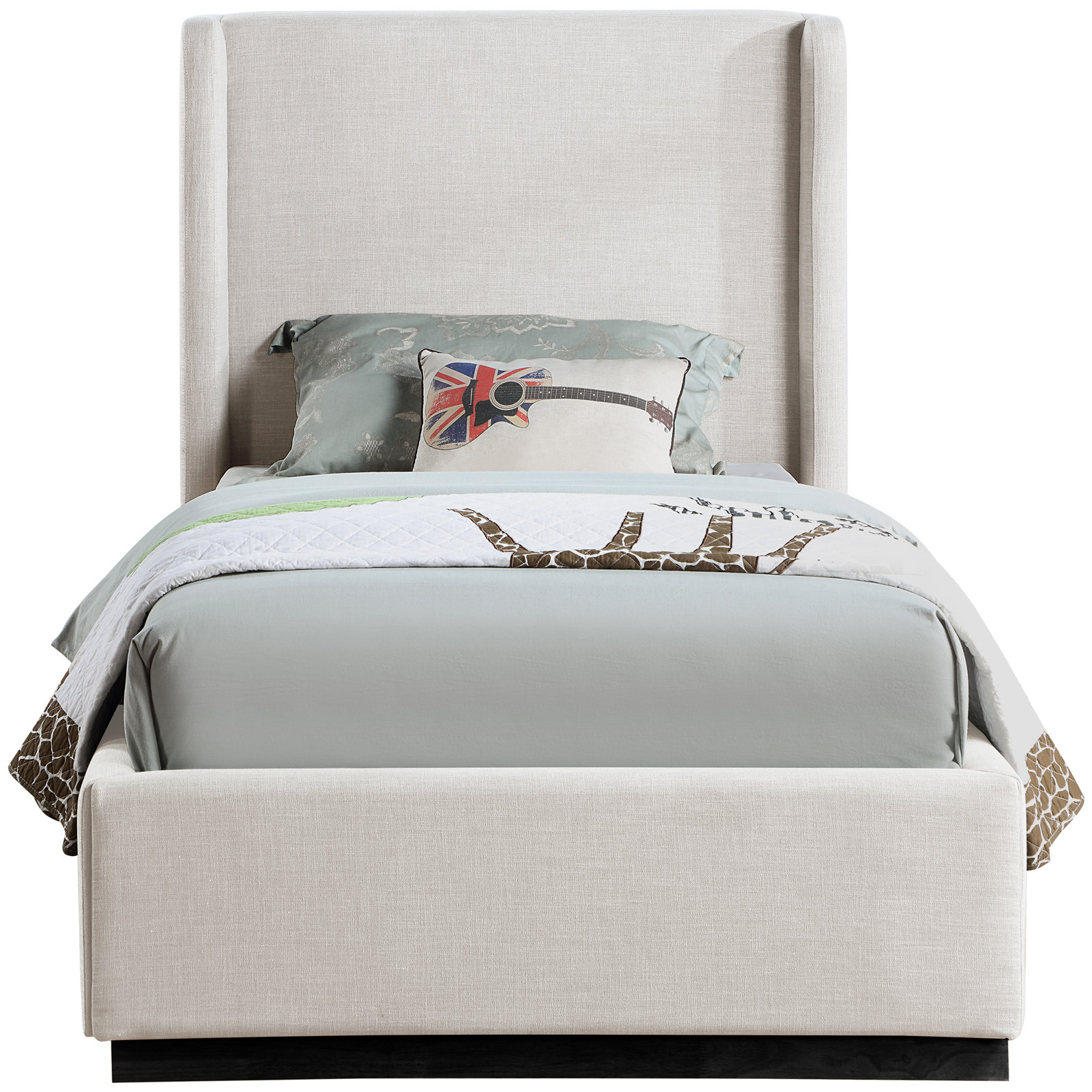 Upholstered Panel Bed, Beige Linen Textured Fabric, Twin