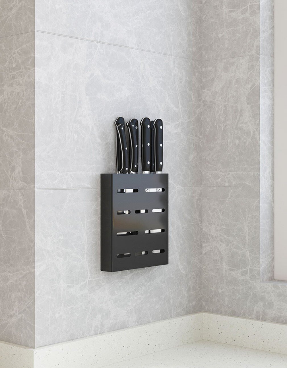 Wall Mounted Empty Knife Holder 7 Slots, Black Knife Block Without Knives  for Kitchen Shelf Stainless Steel Storage