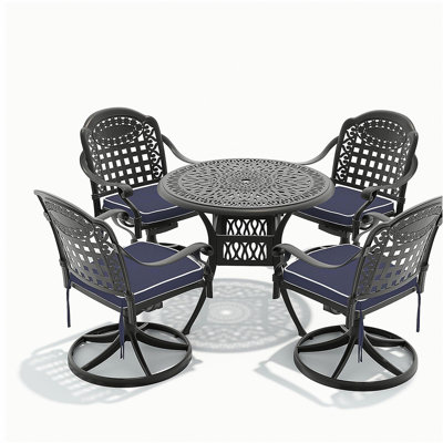 Ensemble de salle à manger 5 pièces en aluminium coulé résistant aux intempéries, comprenant 4 chaises pivotantes et une table ronde de 35,43 po avec structure noire