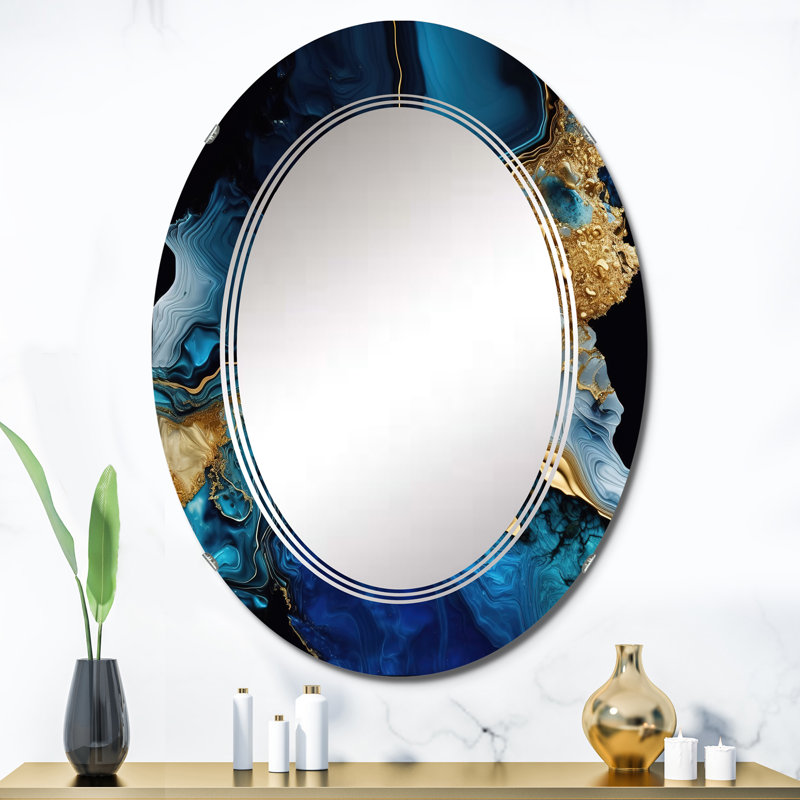 Preode Geode Abstract Gold and Blue Marble IV - Miroir mural abstrait en marbre, 36 po x 24 po