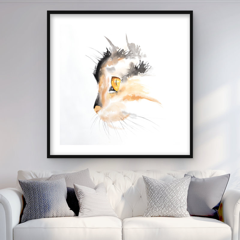Impression de profil de visage de chat aquarelle | Décoration de chambre encadrée, Gris; noir; orange, Black