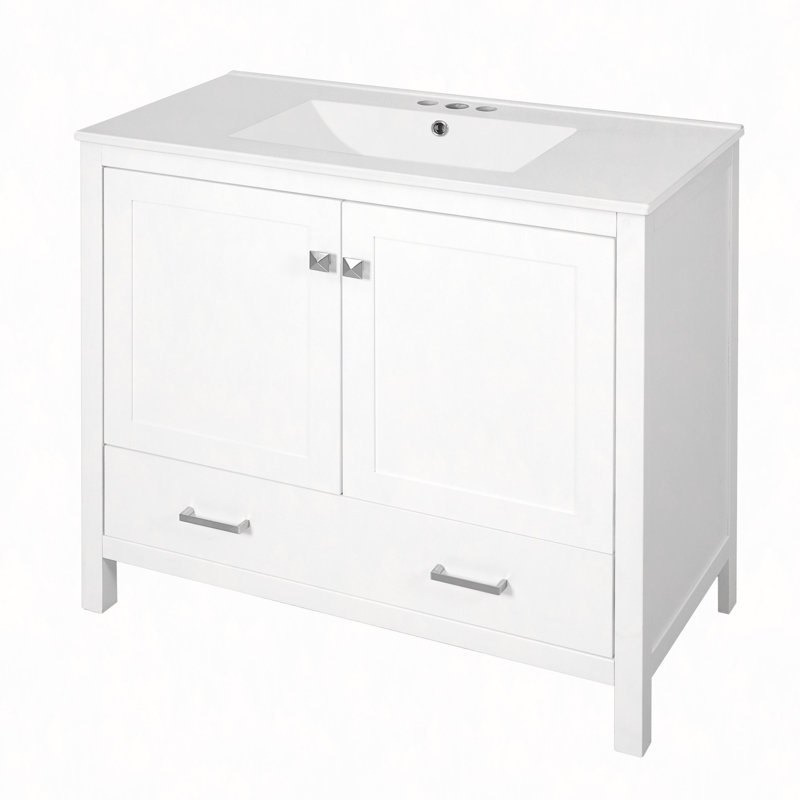 Meuble-lavabo de 36 po avec lavabo en céramique, portes à fermeture en douceur, tablettes de rangement doubles et tiroir divisé - Armoire de salle de bain avec rangement spacieux
