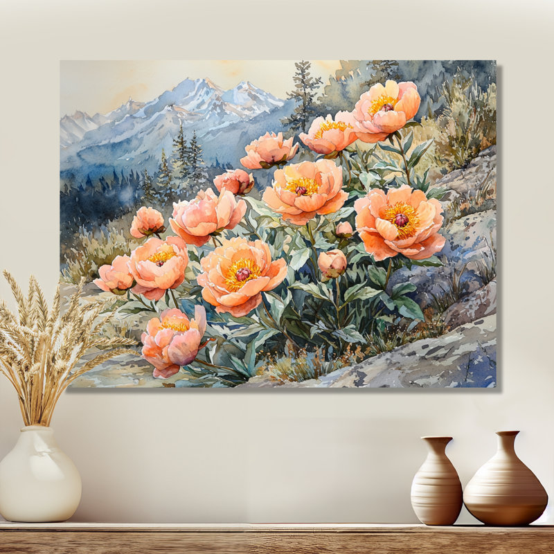 Pivoines dans le col de la montagne - reproduction d'art traditionnelle en métal, pivoines, décoration murale en métal