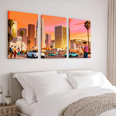 Los Angeles Cityscape Sunset Palm Trees and Modern Cars Canvas Wrapped Wall Art Oil Painting Print Set of 3