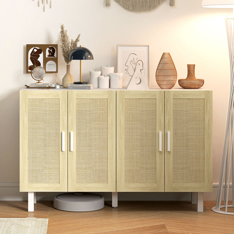 White and Natural Rattan 134 cm Sideboard Buffet Cabinet