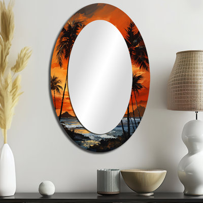 Tangerine Twilight Tropical Tranquility Sunset - Miroir décoratif floral ovale sur métal