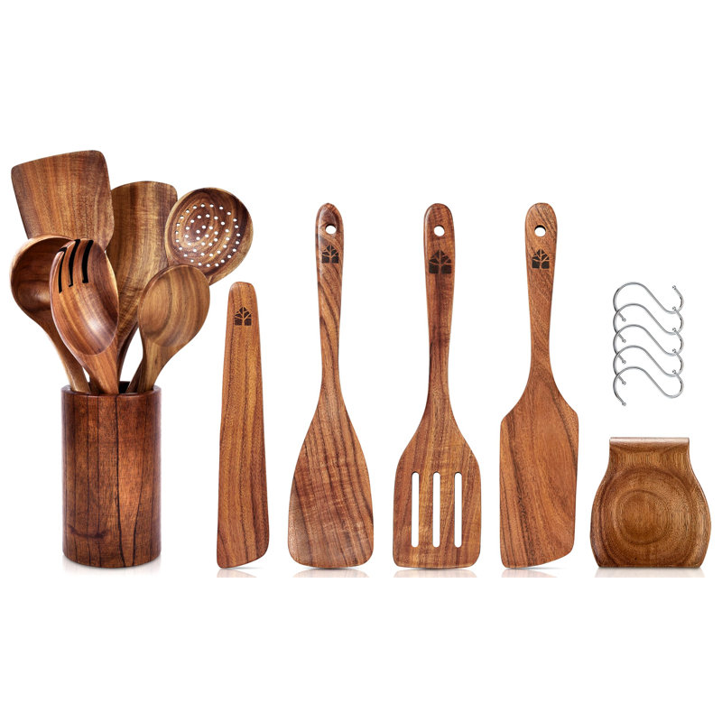 Natural Wood 10-Piece Cooking Utensils Set with White Ceramic Holder