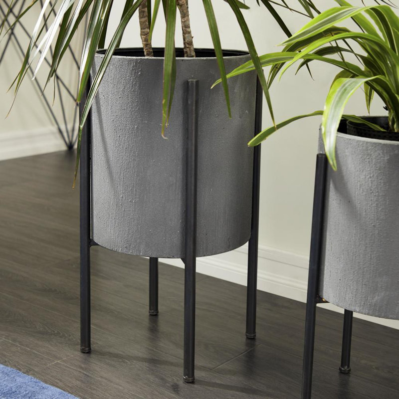 Ensemble de 2 pots d'intérieur et d'extérieur texturés en métal avec supports en X amovibles, Gris clair