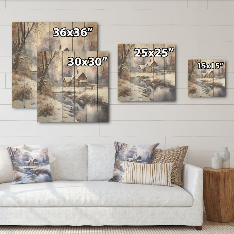 Winter Charm At Country Home - Winter Landscape Wood Panel Wall Art On Natural Pine Wood, 15" H x 15" W