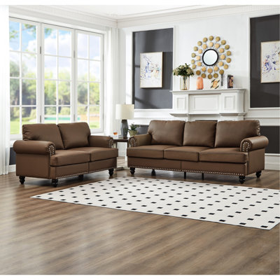 2+3 Seater And In Brown Cowhide Leather, American Classic Design, Round Arm With Nailhead Trim, Solid Wood Frame Leg Support, Pocket - Spring Seats, Removable Covers, Hidden Storage Space Leather 2+5