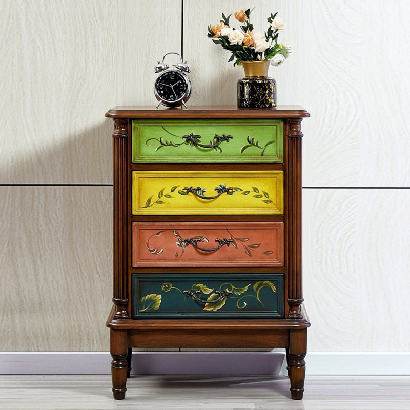 Meuble de rangement d'appoint à quatre tiroirs en bois massif peint, fini noyer foncé vintage, 23.23"W*14.57"D*33.46"H