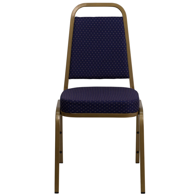 Navy Patterned Fabric Armless Stacking Banquet Chairs with Gold Frame