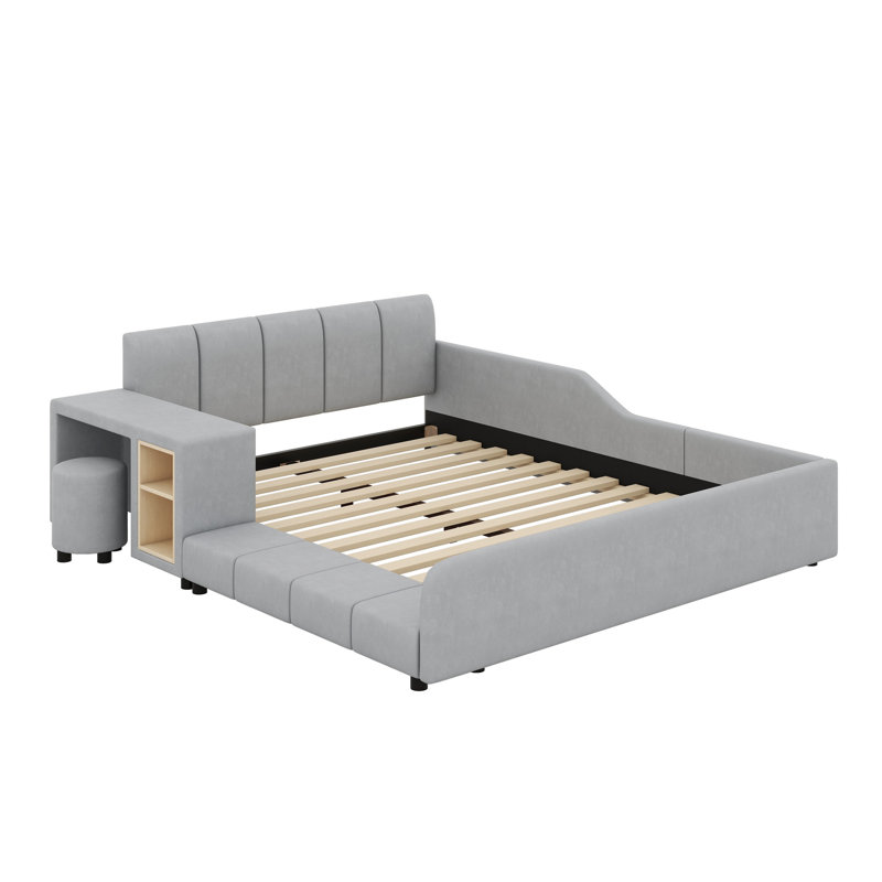 Upholstered Grounded Bed, Mother & Child Bed With Bedside Desk And Little Round Stool, Gray, Queen