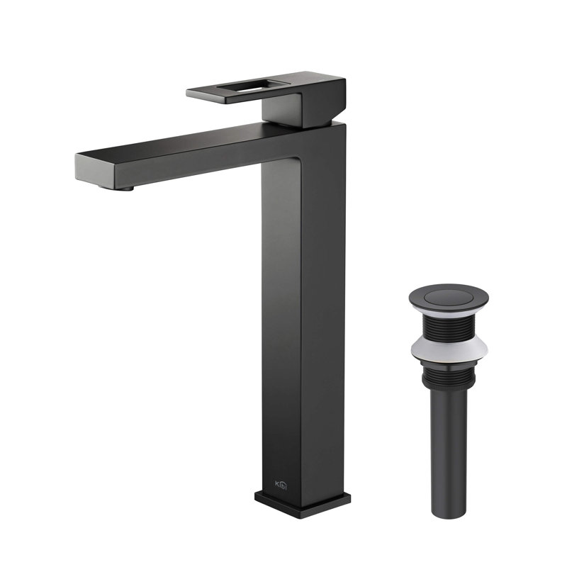 Robinet de lavabo de vasque cube avec ensemble de bonde optionnel, Noir mat, Avec drain escamotable