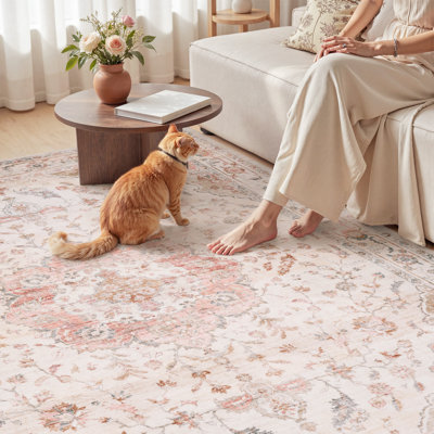 Machine Washable Vintage Floral Soft Blush Area Rug With Non-Slip Backing For Living Room, Bedroom