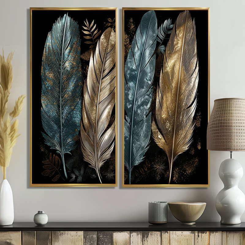 Plumes dorées dorées I - décoration murale moderne 2 panneaux, 40'' H x 40'' W, Impression encadrée flottante, Gold