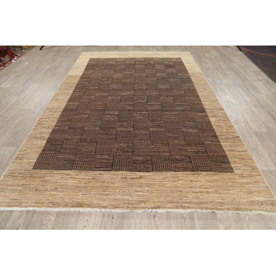 Tapis décoratif en laine de conception unique 5 pi 6 po x 9 pi 11 po noué à la main New Age en brun/beige