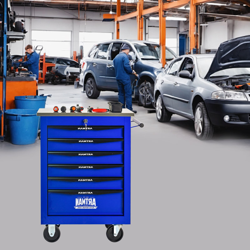 Chariot à outils multi-usages 6 tiroirs avec rouleau en métal pour atelier de garage - atelier de réparation d'entrepôt - avec auvent en acier inoxydable