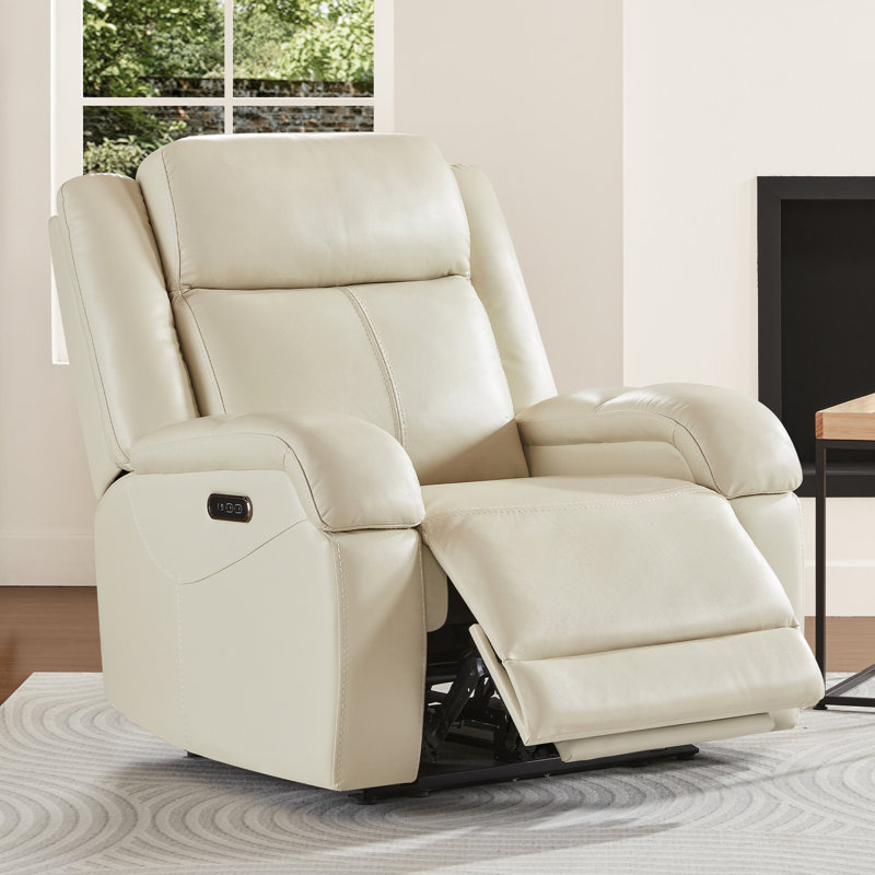Oversized Genuine Leather Zero Wall Power Recliner with Adjustable Headrest, Cream