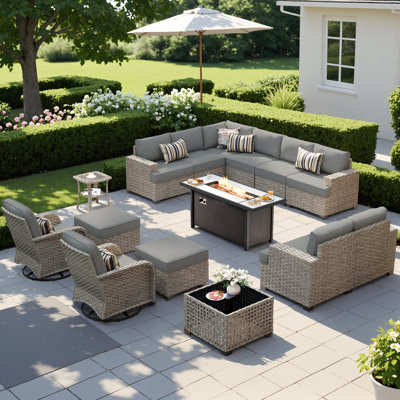 12 - Person Patio Furniture Set with Swivel Rockers, Outdoor Wicker Rattan Sectional Seating Group with Cushions, All Weather Sofa Conversation Set with Fire Pit Table for Garden Backyard