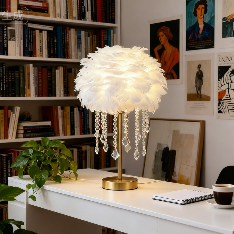 17" H Feather Crystal Table Lamp With Led Bulbs, White